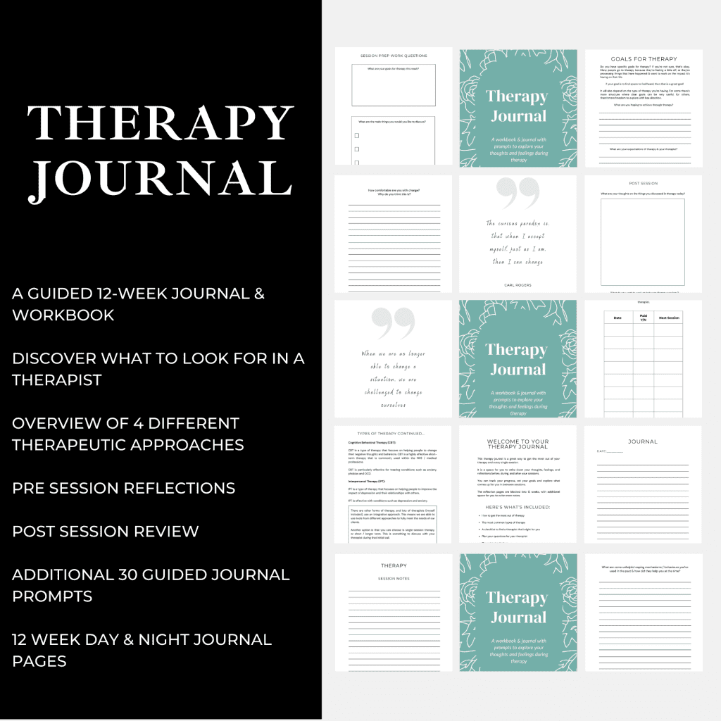 The Therapy Journal. Mock up with images of the pages inside the journal. On the left hand side it provides a brief overview of the journal & what's included.