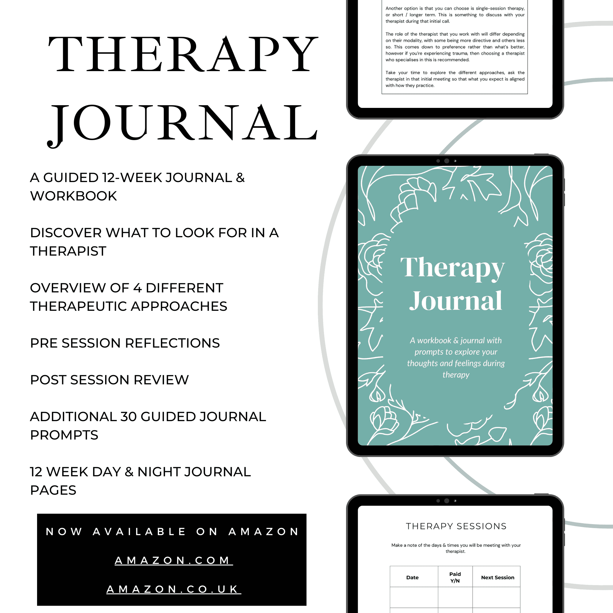 The Therapy Journal. Mock up with images of the pages inside the journal. On the left hand side it provides a brief overview of the journal & what's included.