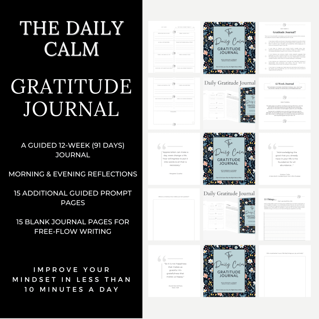 The Gratitude Journal - A 12-week guided gratitude journal for women, teens & men | Daily Gratitude Practice | An image of the journal with some sample pages in smaller boxes on the right of the image. Text on the left is white in a black background