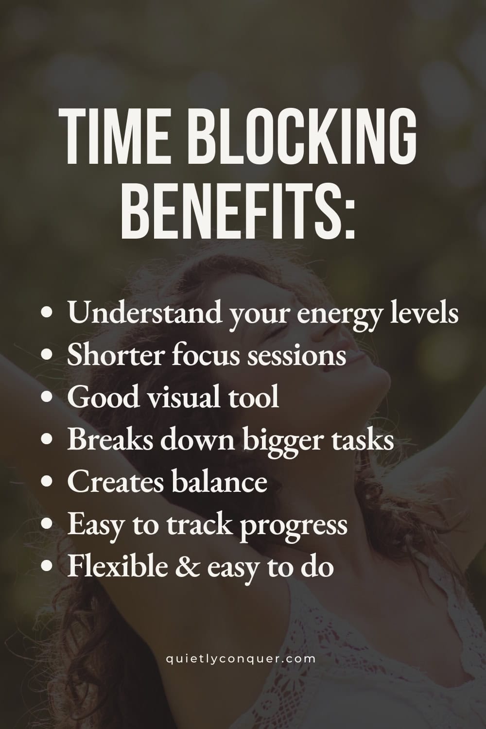 Time blocking benefits - faded image of a woman standing with arms raised outwards