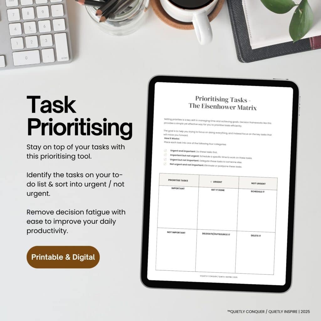 Task Prioritising Printable, Eisenhower Matrix Mock up of the worksheets.