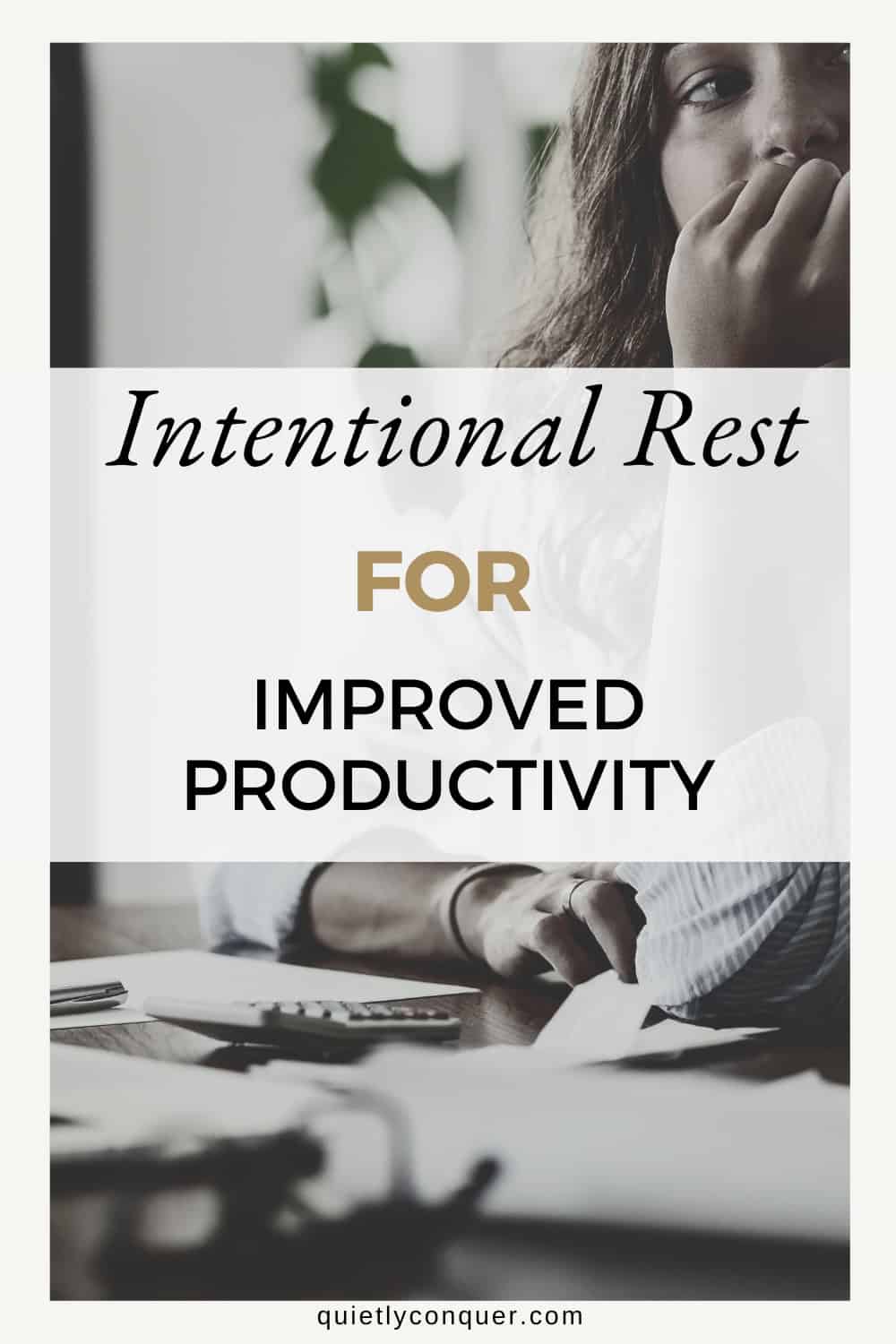 Intentional Rest for Improved Productivity - Image of a woman working at a desk. Hand to face looking tired.