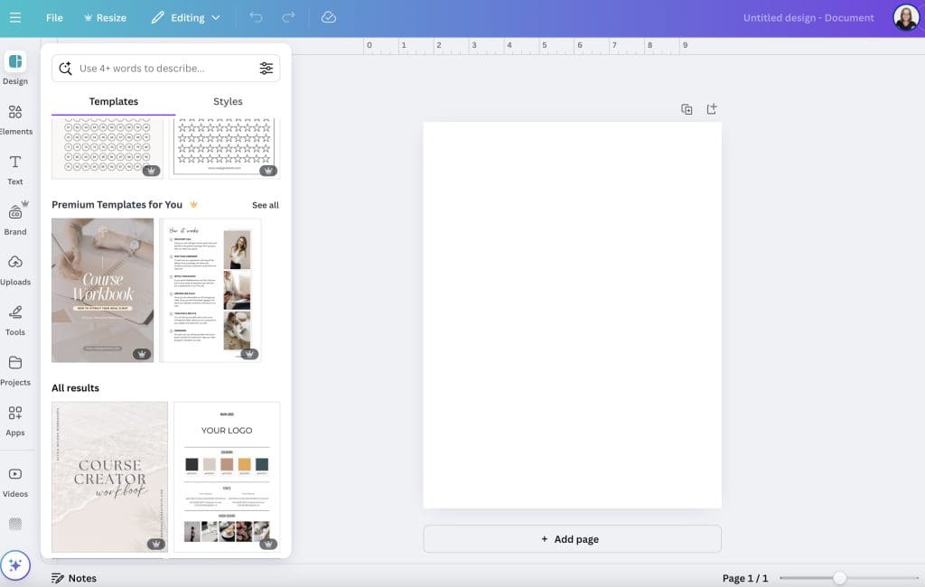 Canva - Choosing a template. Image of the blank doc with templates to the left.