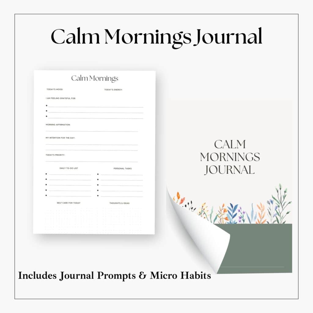 A mock up of pages from the Calm Mornings journal. it shows example pages