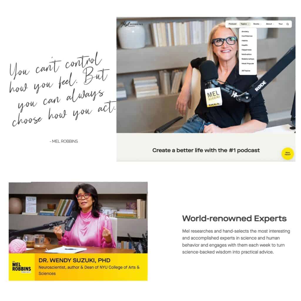 Image of Mel Robbins Website and one of her guests.