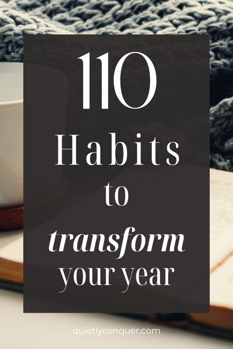 Text reads "110 Habits to Transform Your Year" Image behind of an open journal page