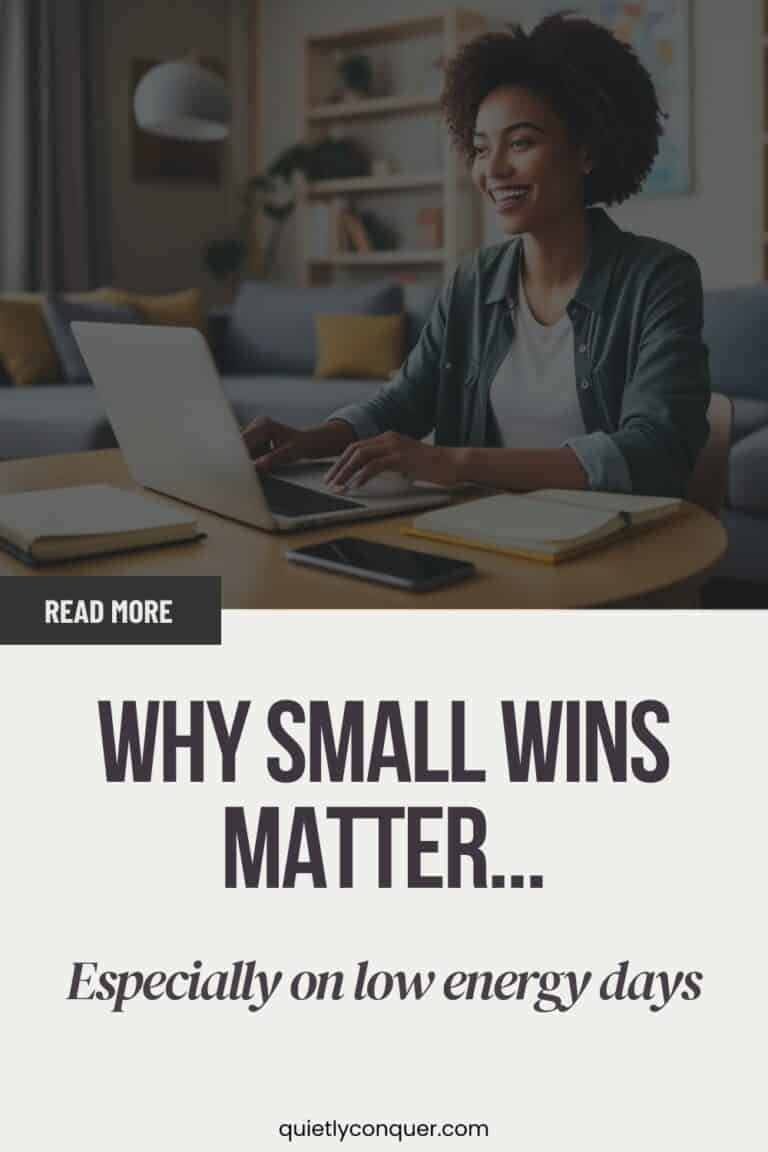 Why Small Wins Matter (Especially on Low-Energy Days): The Power of Small Wins - Image is of a Woman working at her table at home. Paperwork next to open laptop