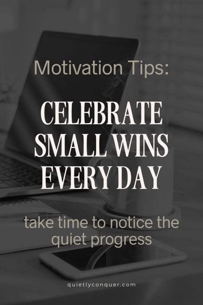 Why Small Wins Matter - Motivation tips. Image of a woman working at a table with open laptop